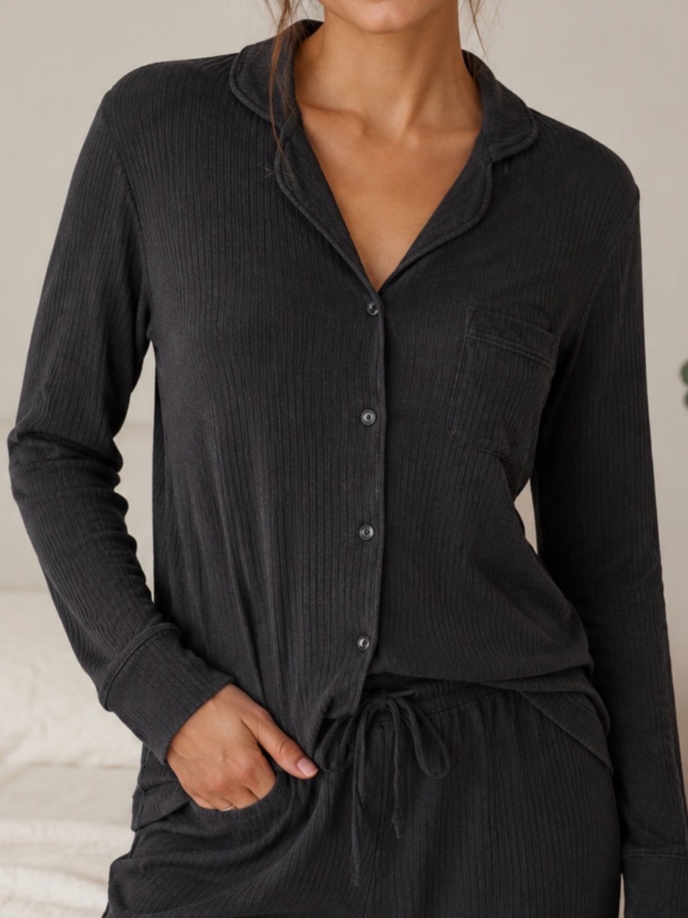 SKIMS Button Front Ribbed Long Sleeve Pajama Shirt in Black